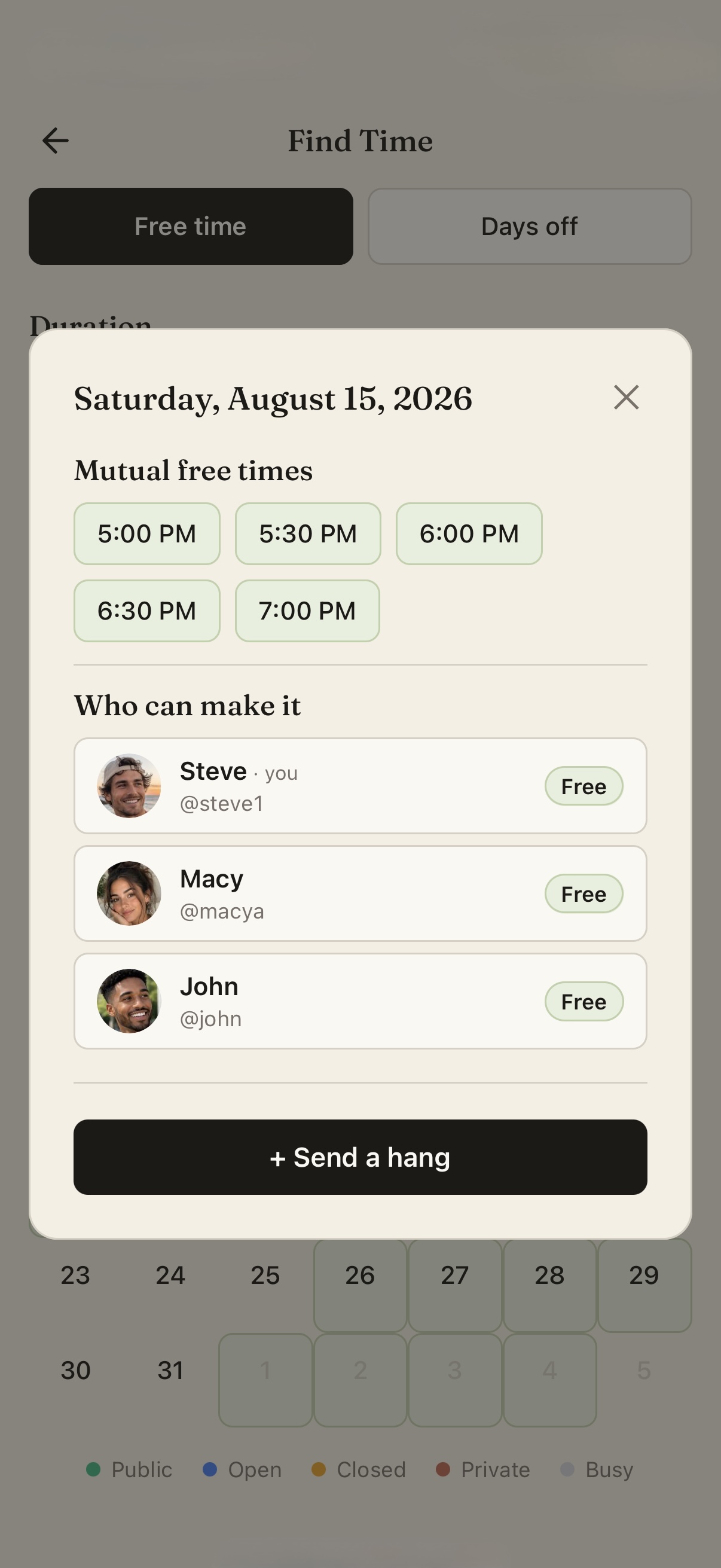 HangTime's Find Time screen showing when the whole friend group is free, work schedules included