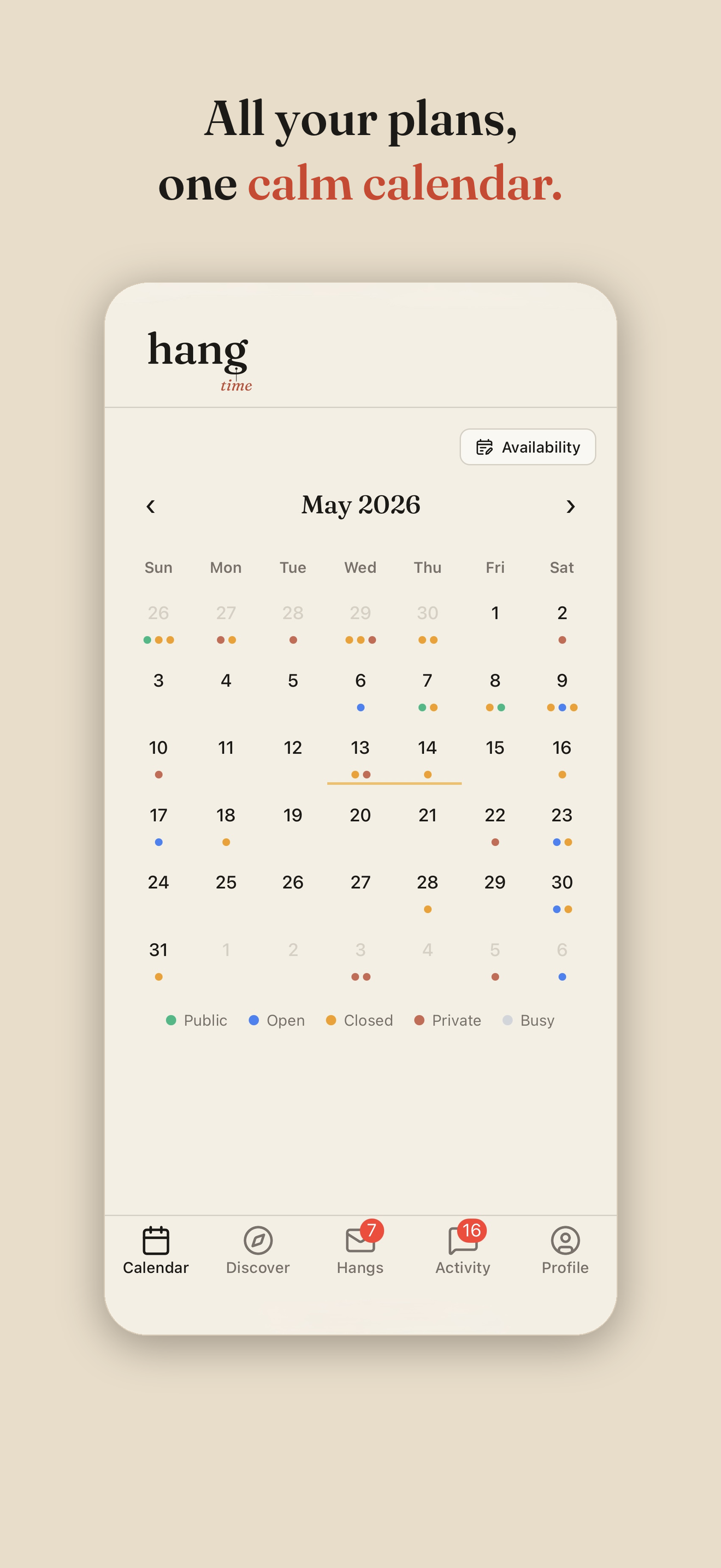 HangTime calendar showing a month of events and free days